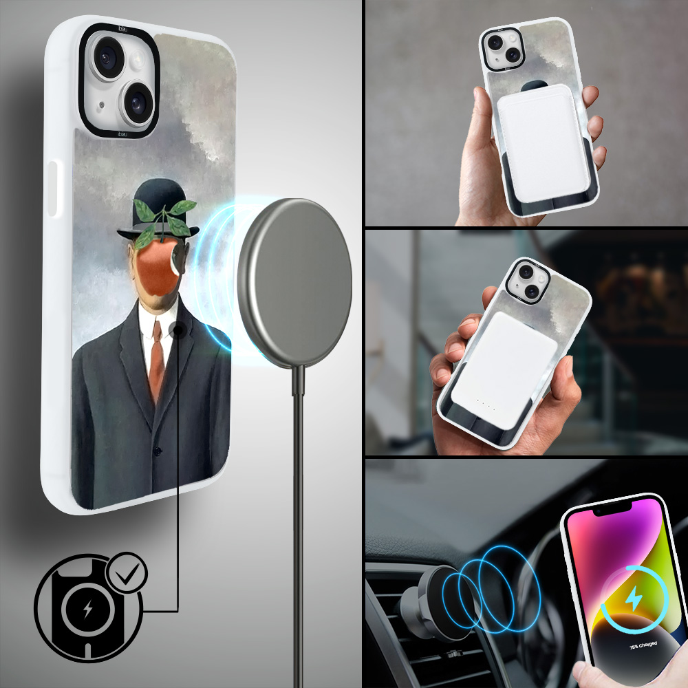 Etui-do-iPhone-14-IBIZU-DropGuard-Matt-z-MagSafe-Rene-Magritte-syn-człowieczy-white (1)