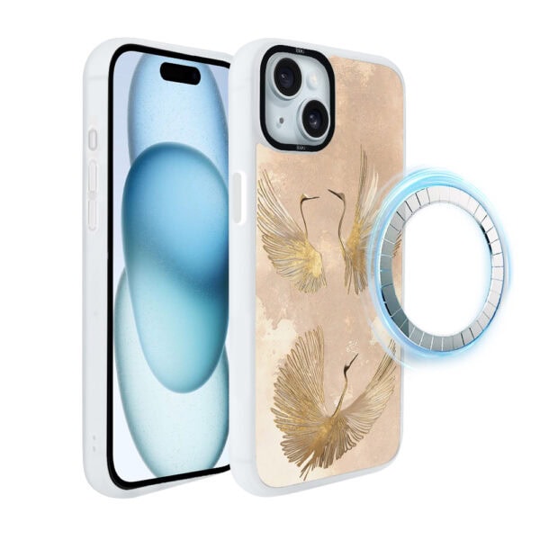 Etui do iPhone 15 Plus IBIZU DropGuard Matt z MagSafe, Boho, Złote żurawie