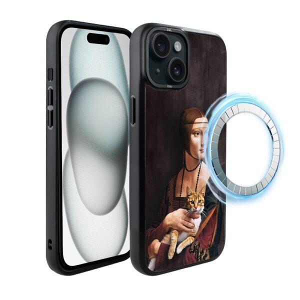 Etui do iPhone 15 IBIZU DropGuard Matt z MagSafe, Leonardo Da Vinci, dama z kotem