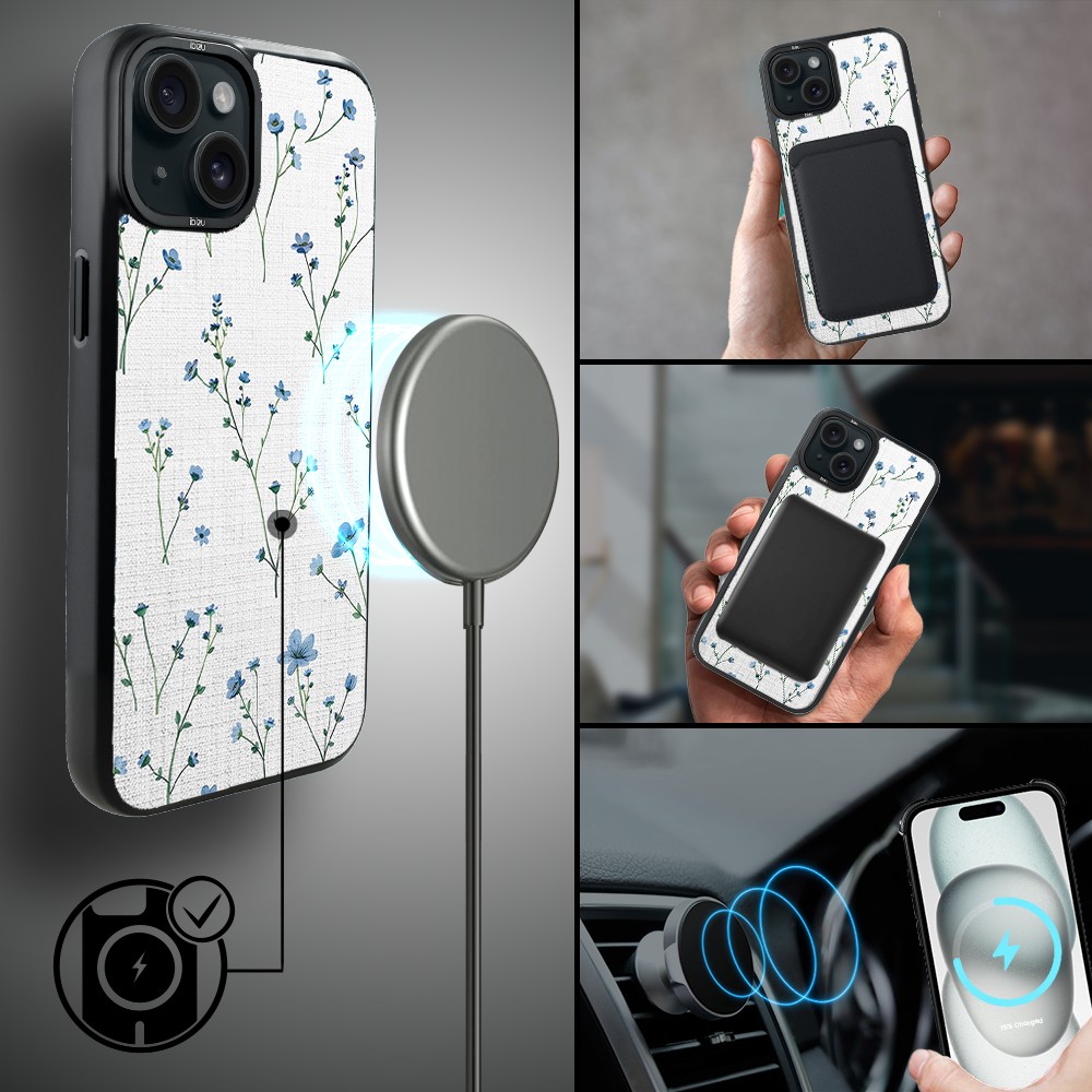 Etui do iPhone 15 IBIZU DropGuard Matt z MagSafe, Pastel Bloom, Niebieski sen (5)