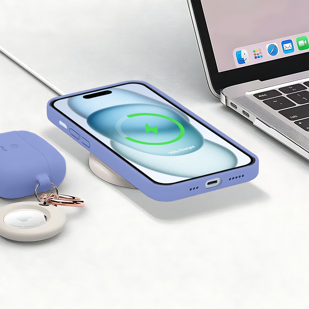 Etui do iPhone 15 Plus silikonowe z mikrofibrą soft touch z osłoną na aparat, fioletowe liliowe (1)