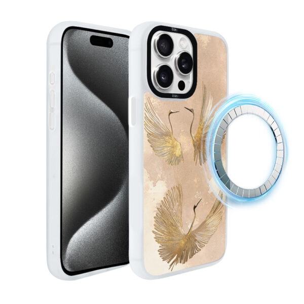 Etui do iPhone 15 Pro IBIZU DropGuard Matt z MagSafe, Boho, Złote żurawie