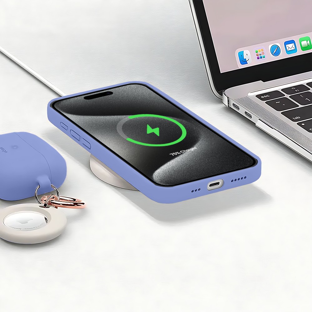 Etui do iPhone 15 Pro Max silikonowe z mikrofibrą soft touch z osłoną na aparat, fioletowe liliowe (1)