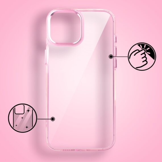 Etui do iPhone 15 Super Hybrid z ładowaniem bezprzewodowym, twardy tył, metalowe ozdoby, różowe (2)