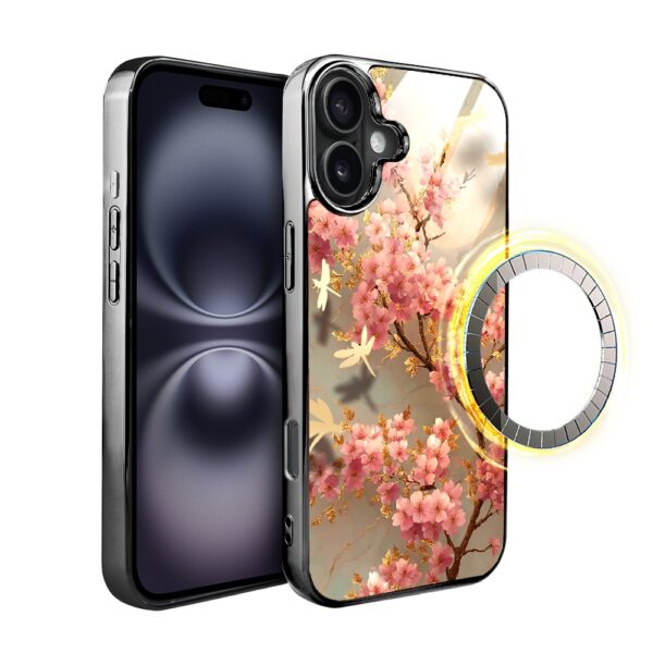 Etui do iPhone 16 Plus, Elite Glass z MagSafe, szklany tył, Azja, Taniec sakury, czarne