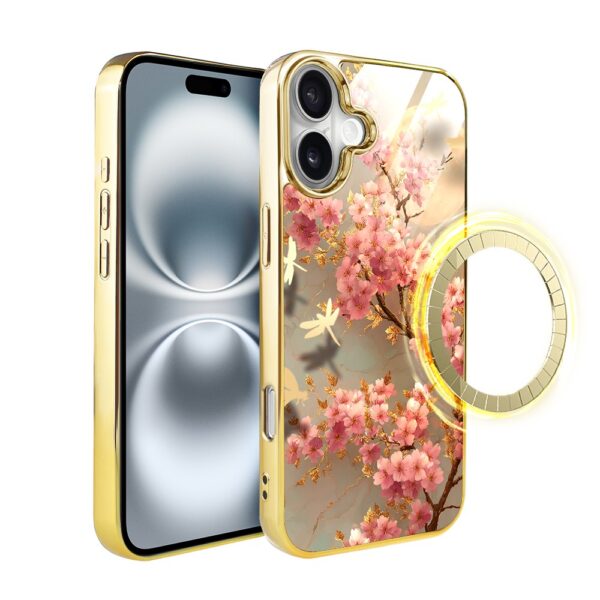 Etui do iPhone 16 Plus, Elite Glass z MagSafe, szklany tył, Azja, Taniec sakury, złote