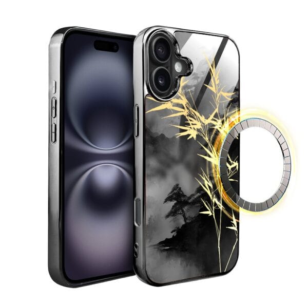 Etui do iPhone 16 Plus, Elite Glass z MagSafe, szklany tył, Azja, Złoty bambus, czarne