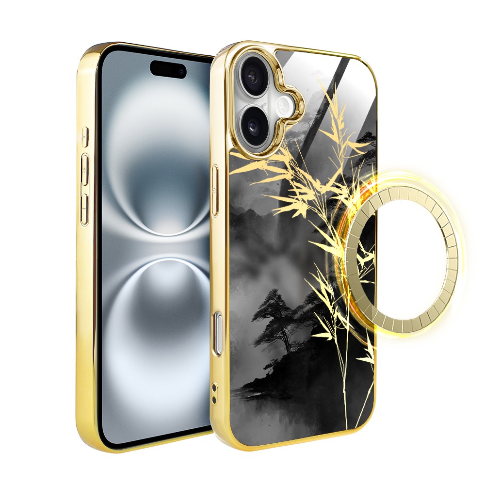 Etui do iPhone 16, Elite Glass z MagSafe, szklany tył, Azja, Złoty bambus, złote