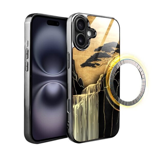 Etui do iPhone 16 Plus, Elite Glass z MagSafe, szklany tył, Azja, Złoty wodospad, czarne