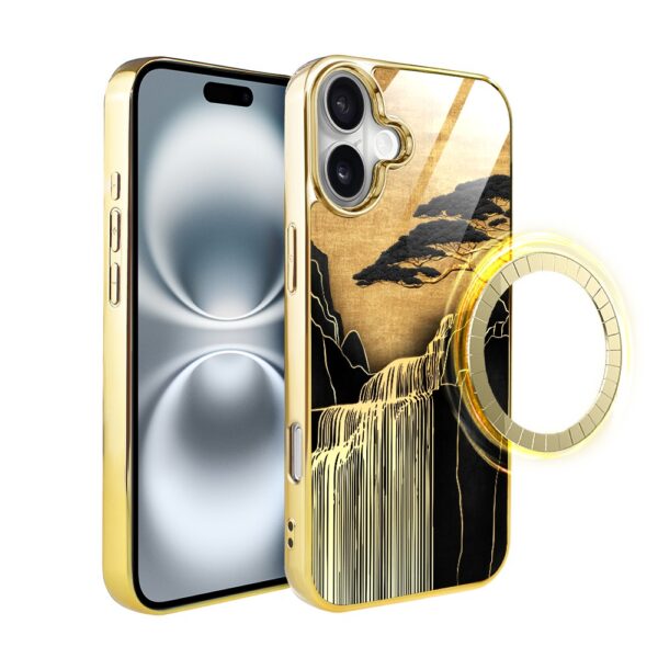 Etui do iPhone 16 Plus, Elite Glass z MagSafe, szklany tył, Azja, Złoty wodospad, złote