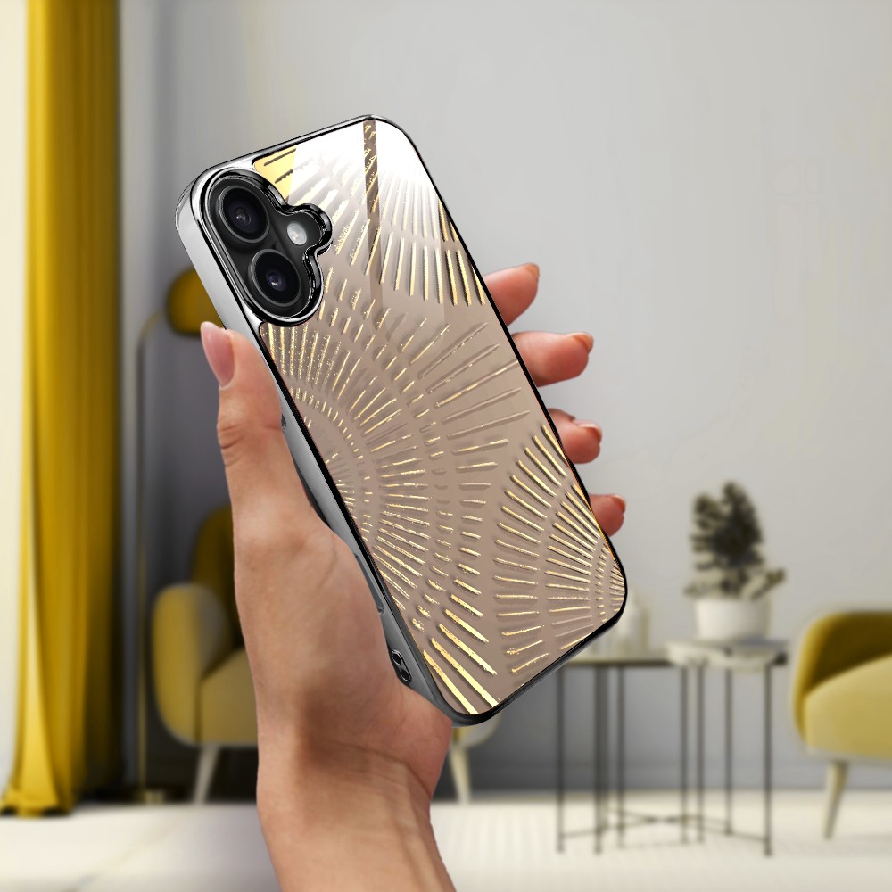 Etui do iPhone 16, Elite Glass z MagSafe, szklany tył, Mistyczne wzory, Boski promień beżowe, czarne (2)