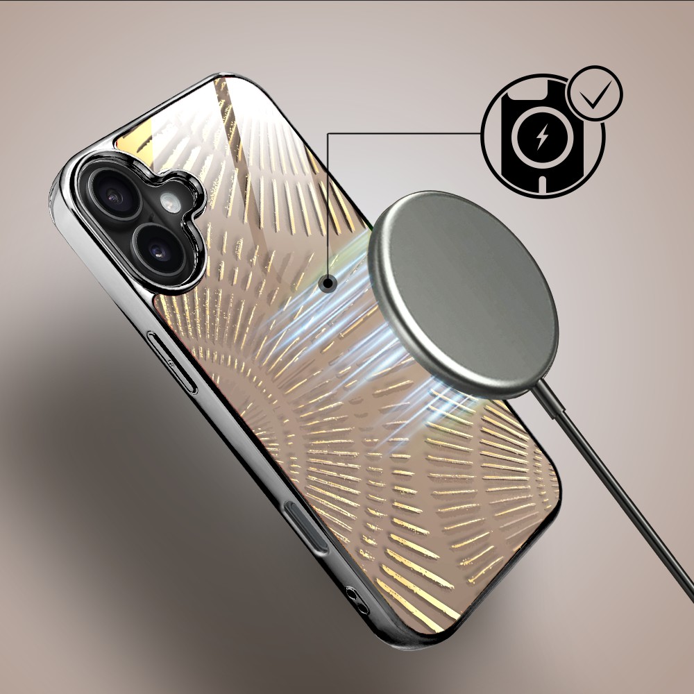 Etui do iPhone 16, Elite Glass z MagSafe, szklany tył, Mistyczne wzory, Boski promień beżowe, czarne (5)