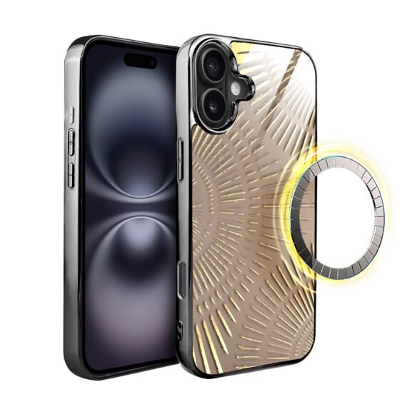 Etui do iPhone 16, Elite Glass z MagSafe, szklany tył, Mistyczne wzory, Boski promień beżowe, czarne (6)