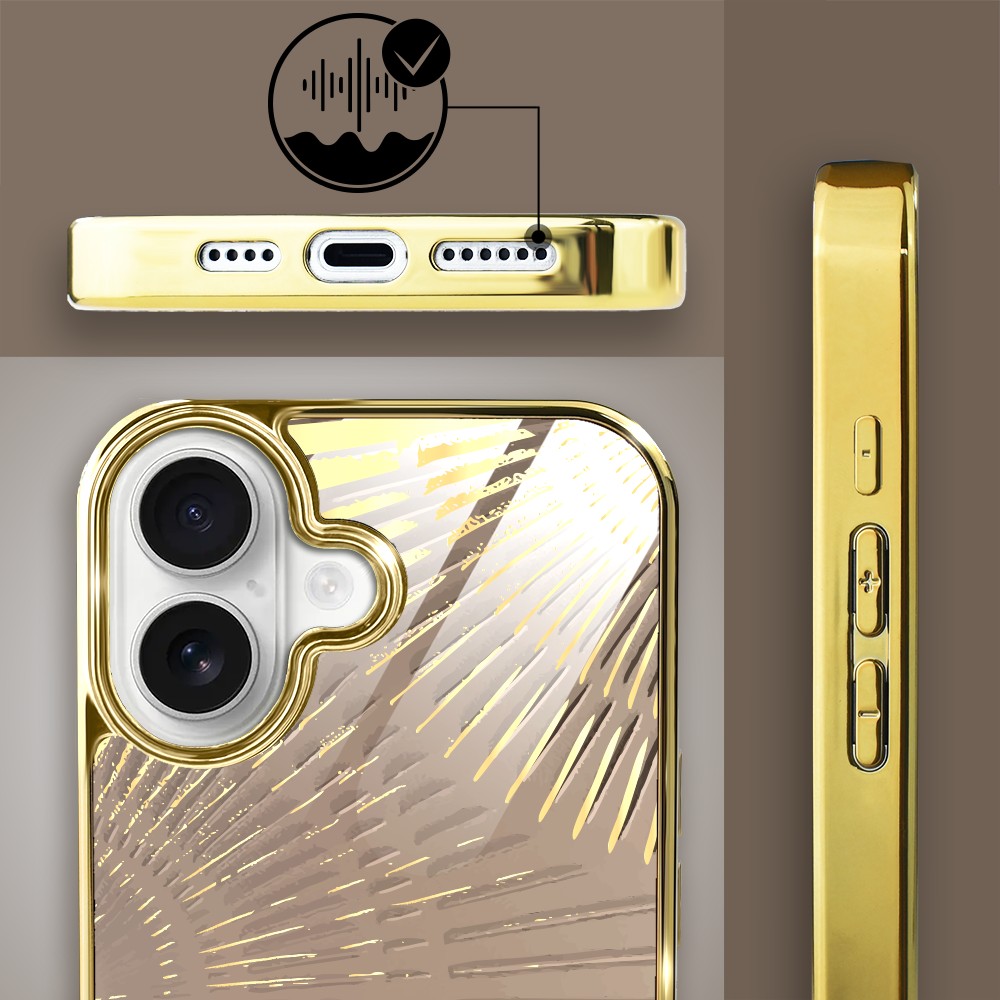 Etui do iPhone 16, Elite Glass z MagSafe, szklany tył, Mistyczne wzory, Boski promień beżowe, złote (3)