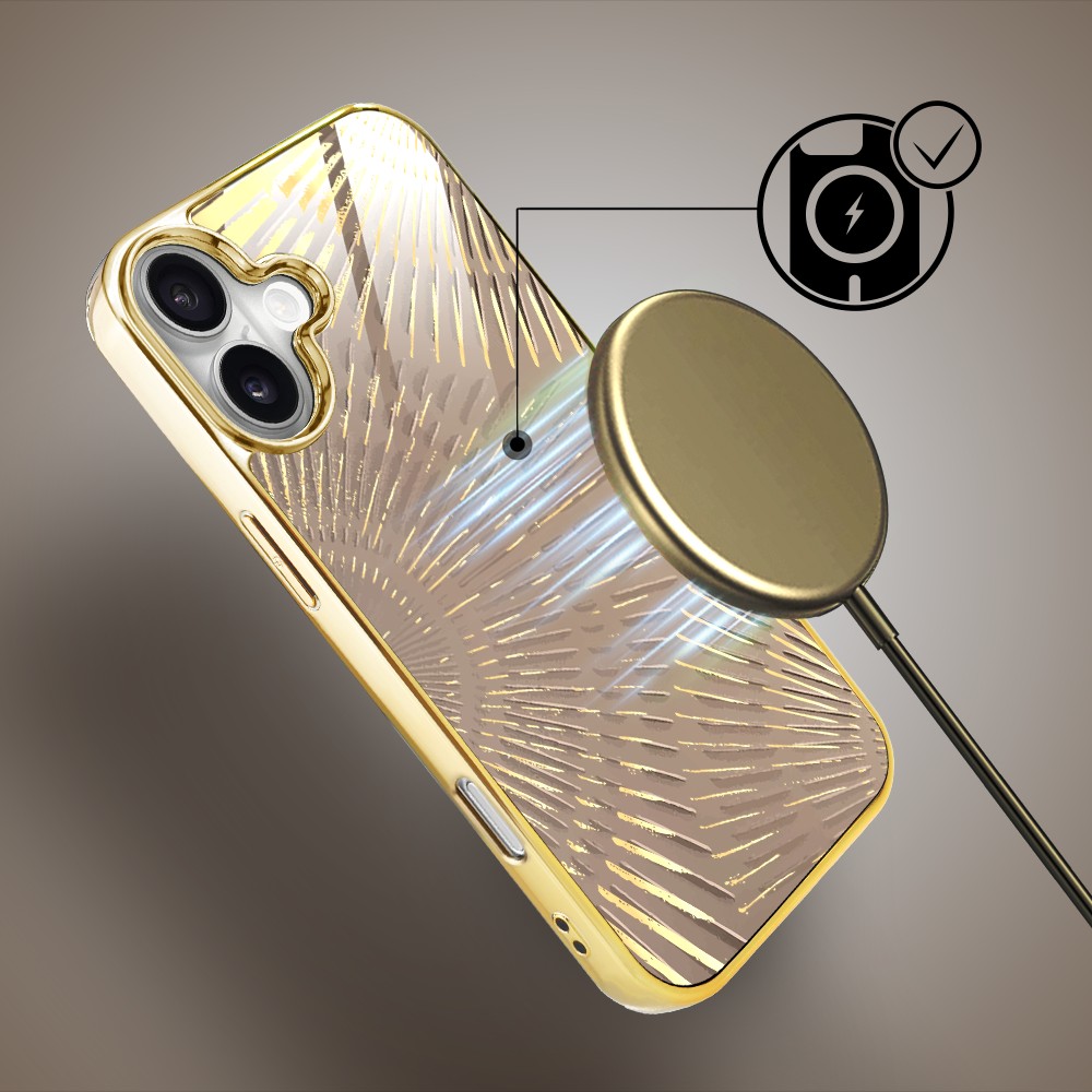 Etui do iPhone 16, Elite Glass z MagSafe, szklany tył, Mistyczne wzory, Boski promień beżowe, złote (5)