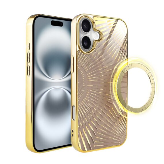 Etui do iPhone 16, Elite Glass z MagSafe, szklany tył, Mistyczne wzory, Boski promień beżowe, złote (6)