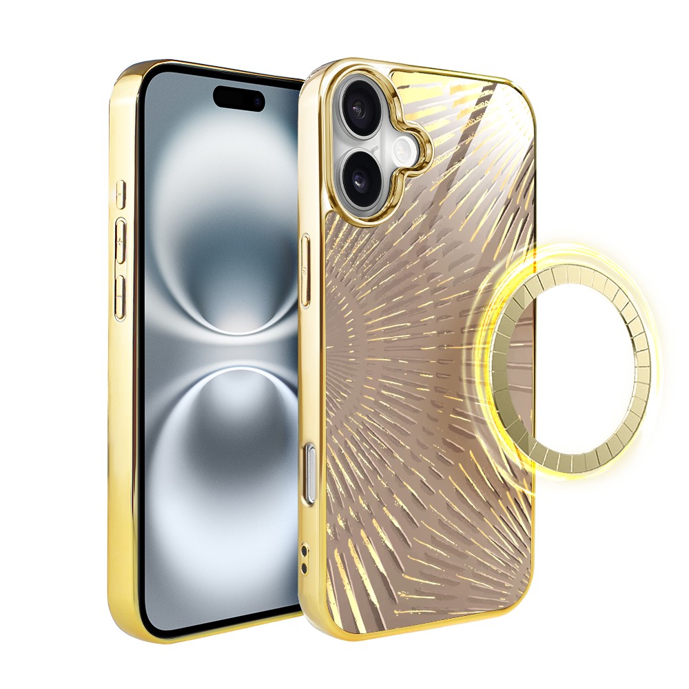 Etui do iPhone 16, Elite Glass z MagSafe, szklany tył, Mistyczne wzory, Boski promień beżowe, złote