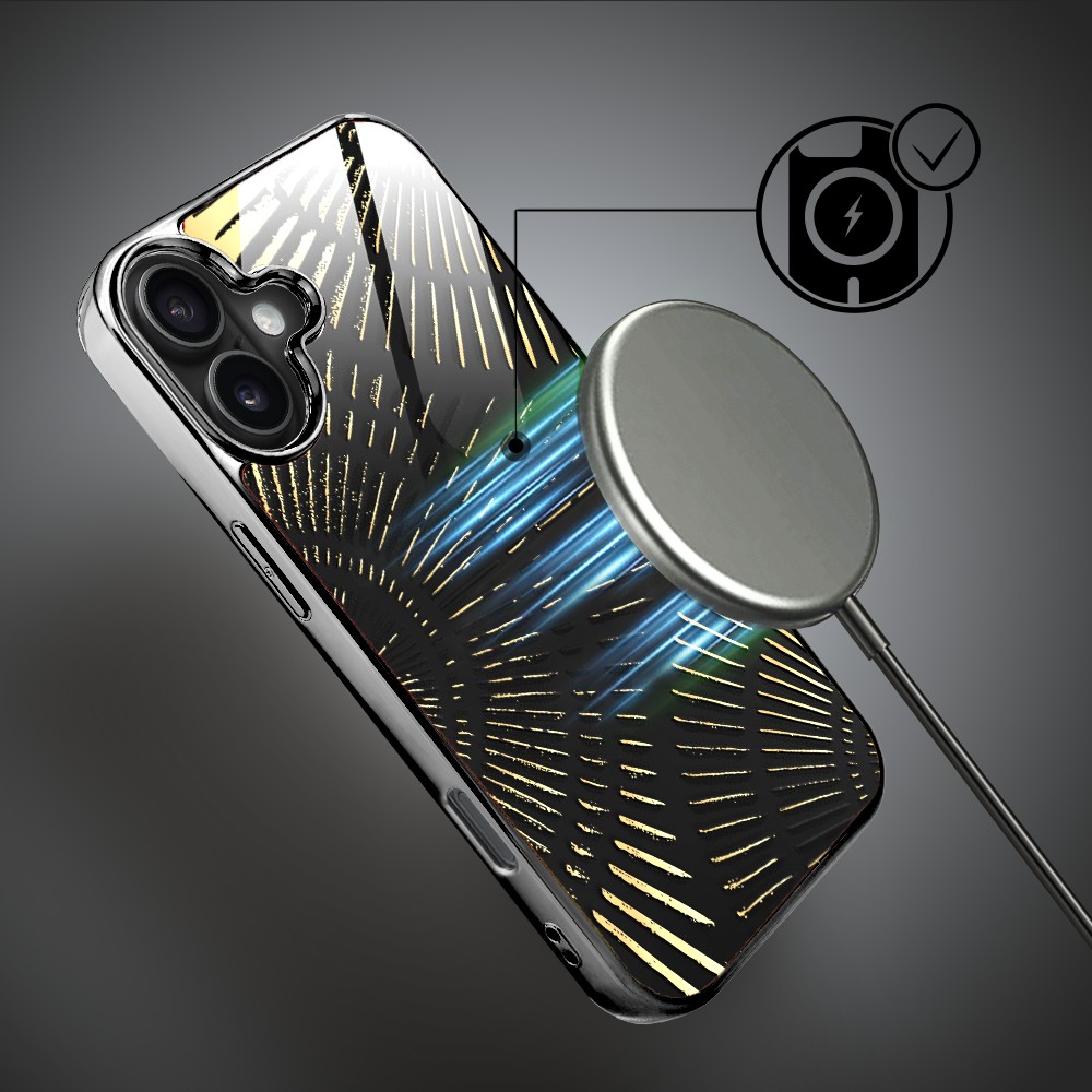 Etui do iPhone 16, Elite Glass z MagSafe, szklany tył, Mistyczne wzory, Boski promień czarne, czarne (6)