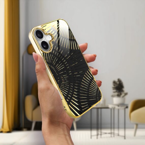 Etui do iPhone 16, Elite Glass z MagSafe, szklany tył, Mistyczne wzory, Boski promień czarne, złote (3)