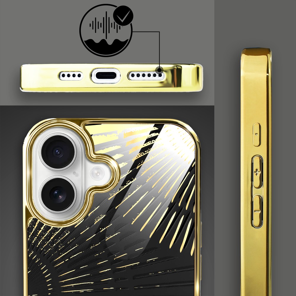 Etui do iPhone 16, Elite Glass z MagSafe, szklany tył, Mistyczne wzory, Boski promień czarne, złote (4)