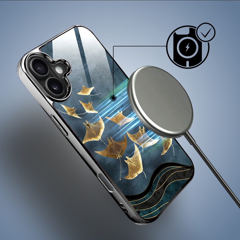 Etui do iPhone 16, Elite Glass z MagSafe, szklany tył, Morze, Lot płaszczek, czarne (2)
