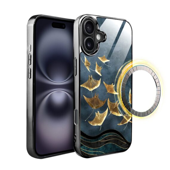 Etui do iPhone 16, Elite Glass z MagSafe, szklany tył, Morze, Lot płaszczek, czarne (3)