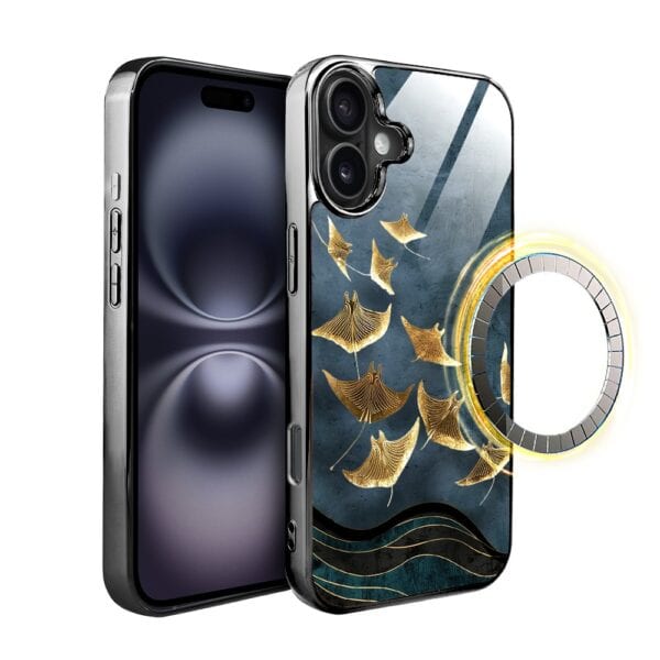 Etui do iPhone 16 Plus, Elite Glass z MagSafe, szklany tył, Morze, Lot płaszczek, czarne
