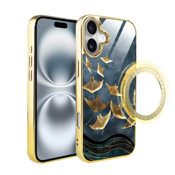 Etui do iPhone 16, Elite Glass z MagSafe, szklany tył, Morze, Lot płaszczek, złote (2)