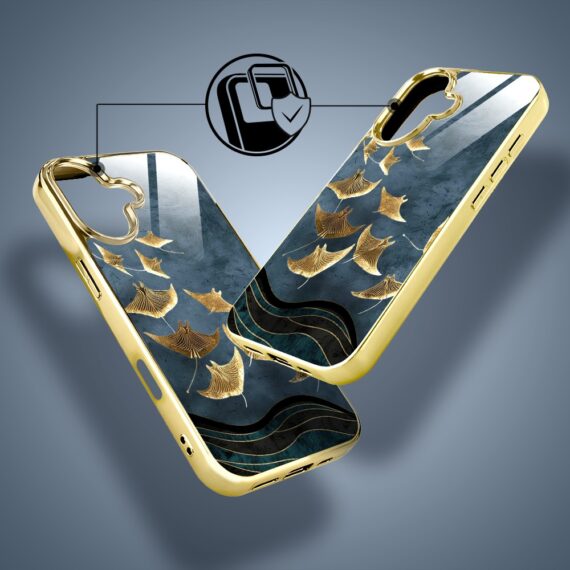 Etui do iPhone 16, Elite Glass z MagSafe, szklany tył, Morze, Lot płaszczek, złote (5)