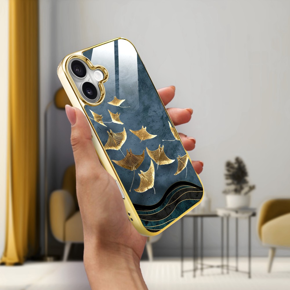 Etui do iPhone 16, Elite Glass z MagSafe, szklany tył, Morze, Lot płaszczek, złote (6)
