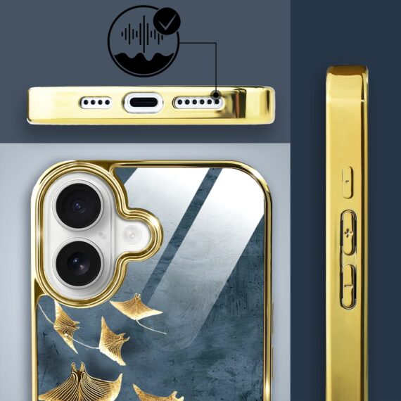 Etui do iPhone 16, Elite Glass z MagSafe, szklany tył, Morze, Lot płaszczek, złote (7)