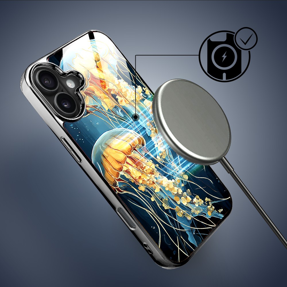 Etui do iPhone 16, Elite Glass z MagSafe, szklany tył, Morze, Meduzy w głębinach, czarne (2)