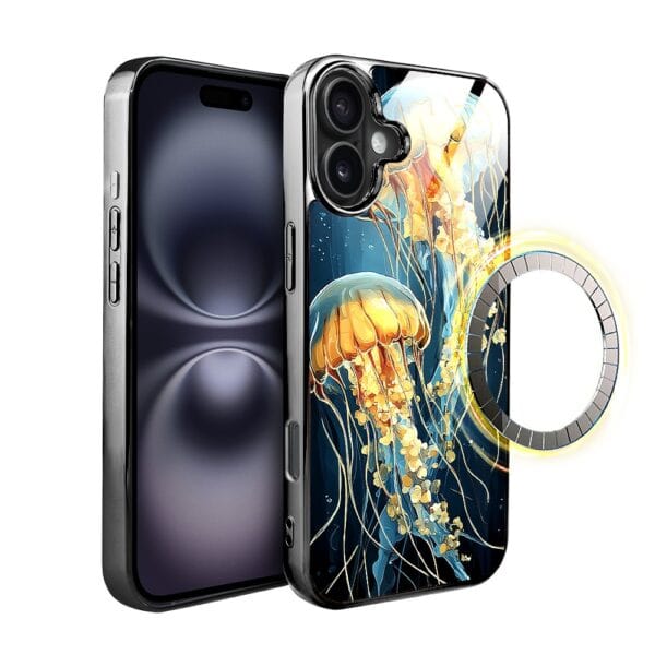 Etui do iPhone 16 Plus, Elite Glass z MagSafe, szklany tył, Morze, Meduzy w głębinach, czarne