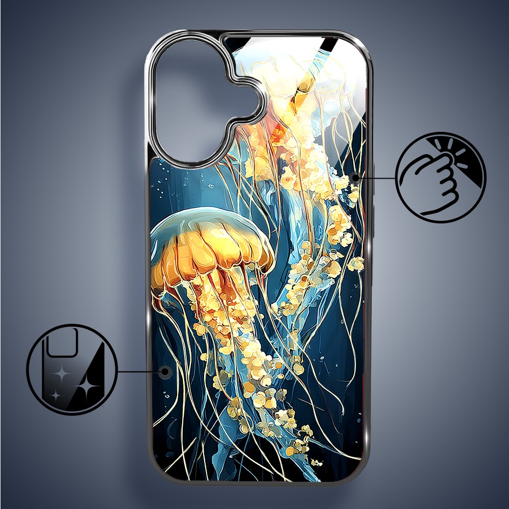 Etui do iPhone 16, Elite Glass z MagSafe, szklany tył, Morze, Meduzy w głębinach, czarne (4)