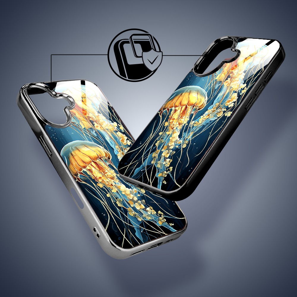 Etui do iPhone 16, Elite Glass z MagSafe, szklany tył, Morze, Meduzy w głębinach, czarne (6)