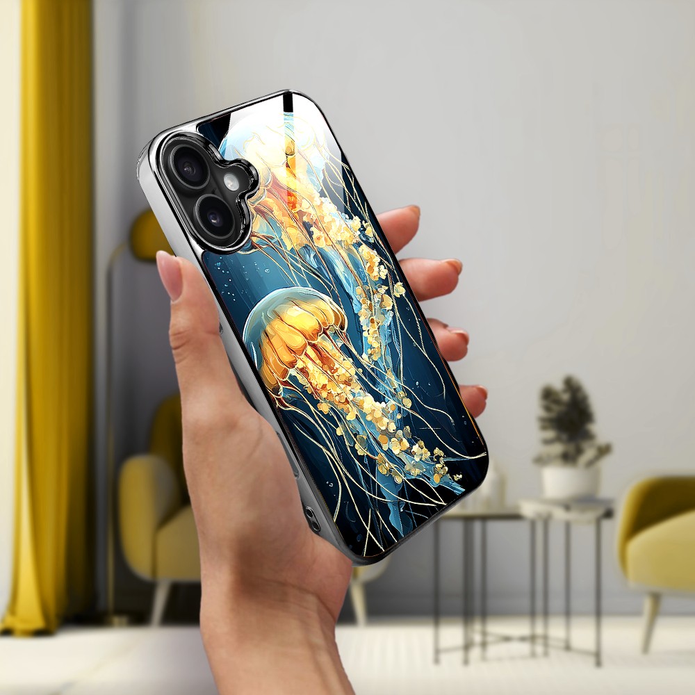 Etui do iPhone 16, Elite Glass z MagSafe, szklany tył, Morze, Meduzy w głębinach, czarne (7)