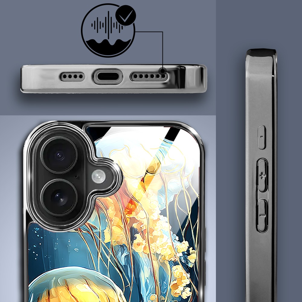 Etui do iPhone 16, Elite Glass z MagSafe, szklany tył, Morze, Meduzy w głębinach, czarne (8)