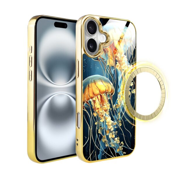 Etui do iPhone 16 Plus, Elite Glass z MagSafe, szklany tył, Morze, Meduzy w głębinach, złote