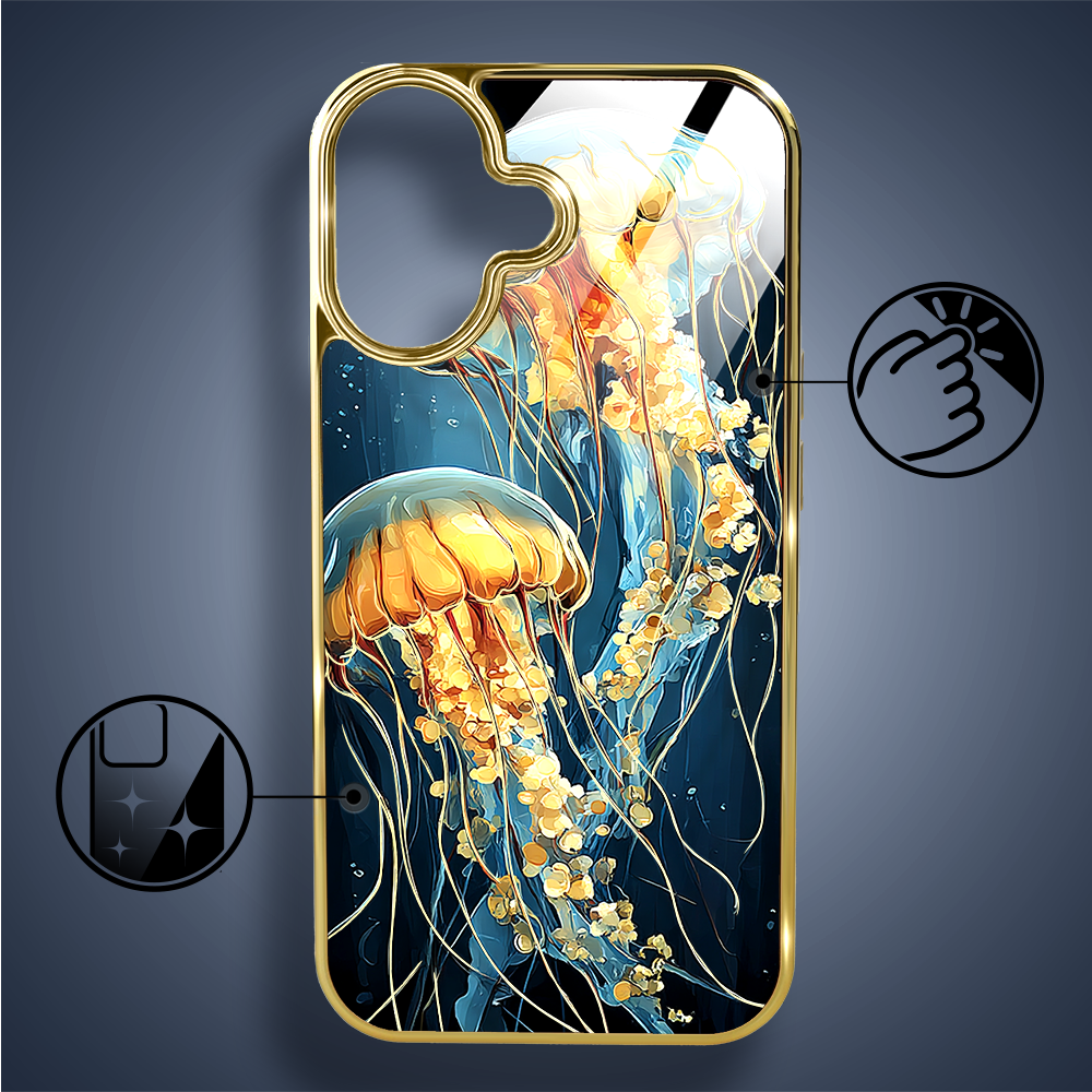 Etui do iPhone 16, Elite Glass z MagSafe, szklany tył, Morze, Meduzy w głębinach, złote (3)