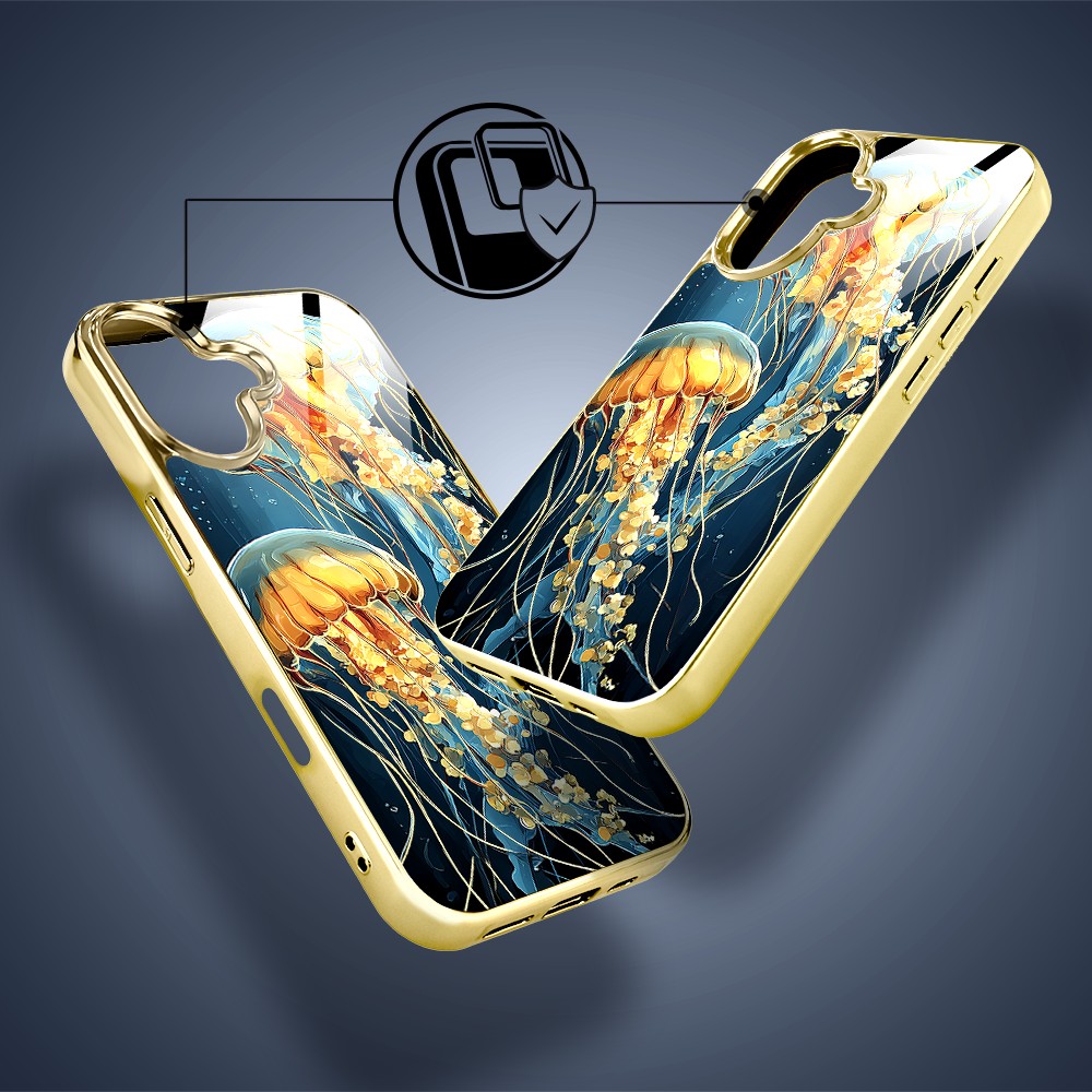 Etui do iPhone 16, Elite Glass z MagSafe, szklany tył, Morze, Meduzy w głębinach, złote (5)