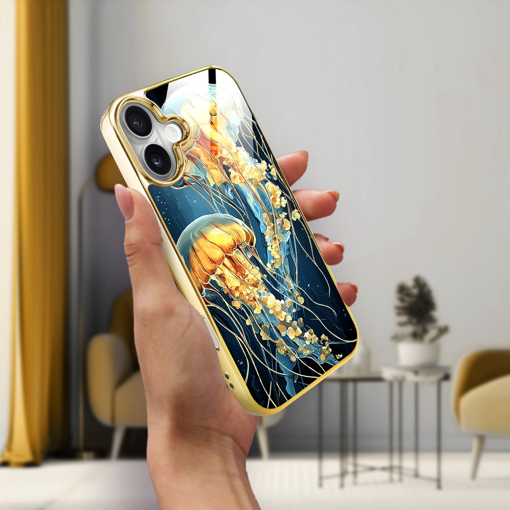 Etui do iPhone 16, Elite Glass z MagSafe, szklany tył, Morze, Meduzy w głębinach, złote (6)