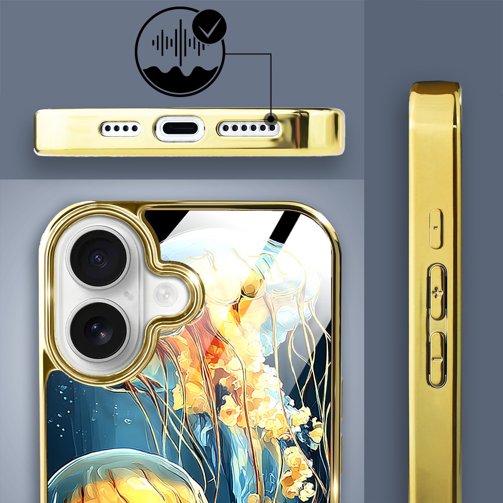 Etui do iPhone 16, Elite Glass z MagSafe, szklany tył, Morze, Meduzy w głębinach, złote (7)
