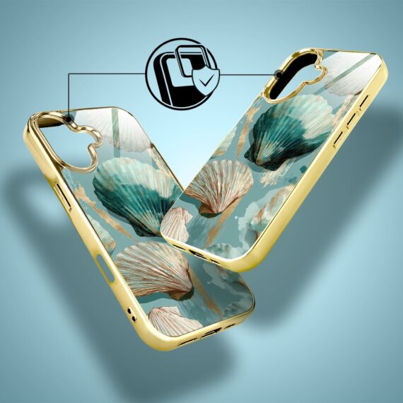 Etui do iPhone 16, Elite Glass z MagSafe, szklany tył, Morze, Turkusowy Skarb, złote (5)