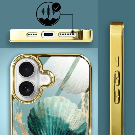 Etui do iPhone 16, Elite Glass z MagSafe, szklany tył, Morze, Turkusowy Skarb, złote (7)