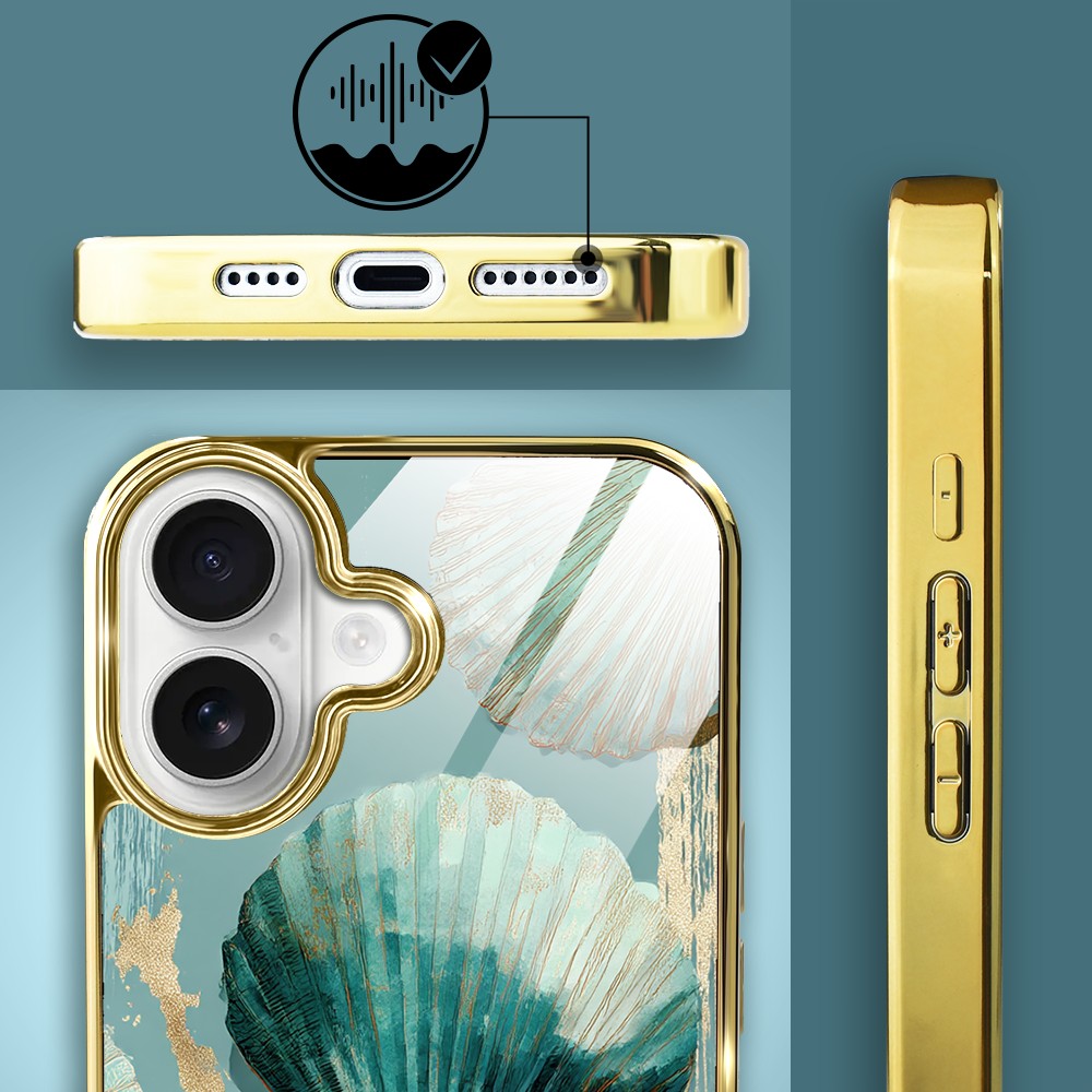 Etui do iPhone 16, Elite Glass z MagSafe, szklany tył, Morze, Turkusowy Skarb, złote (7)