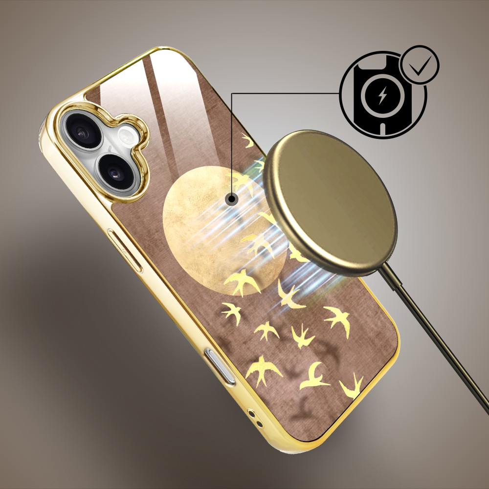 Etui do iPhone 16, Elite Glass z MagSafe, szklany tył, Zwierzęta, Taniec jaskółek, złote (1)