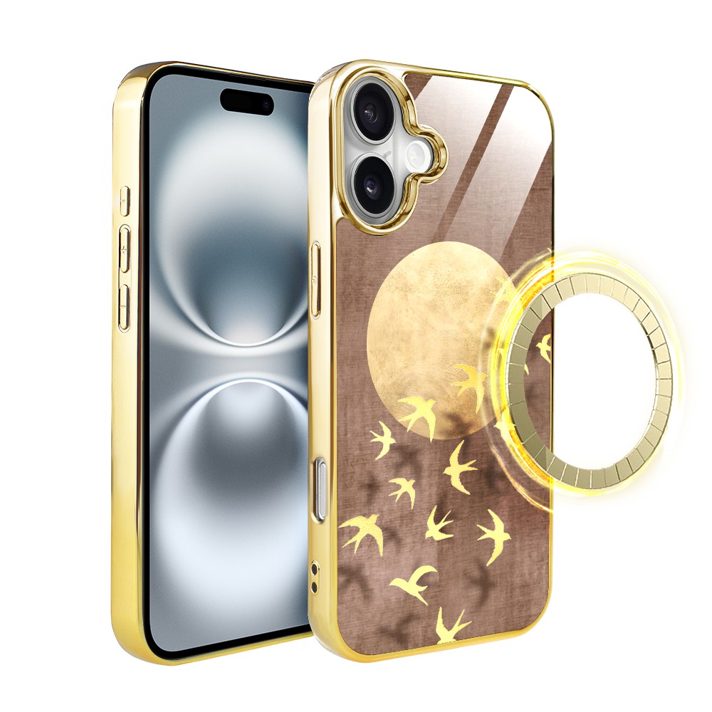 Etui do iPhone 16, Elite Glass z MagSafe, szklany tył, Zwierzęta, Taniec jaskółek, złote