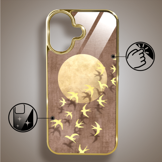 Etui do iPhone 16, Elite Glass z MagSafe, szklany tył, Zwierzęta, Taniec jaskółek, złote (3)