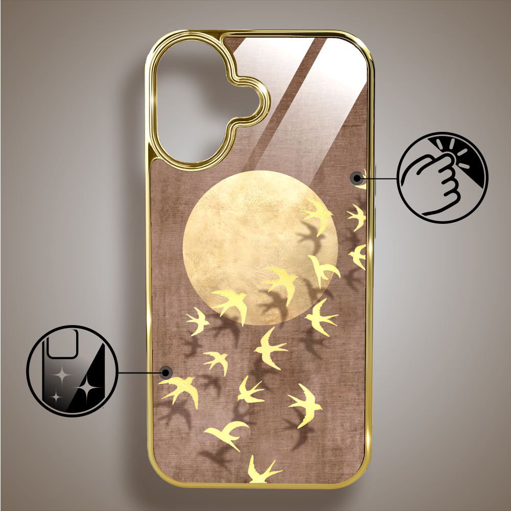Etui do iPhone 16, Elite Glass z MagSafe, szklany tył, Zwierzęta, Taniec jaskółek, złote (3)