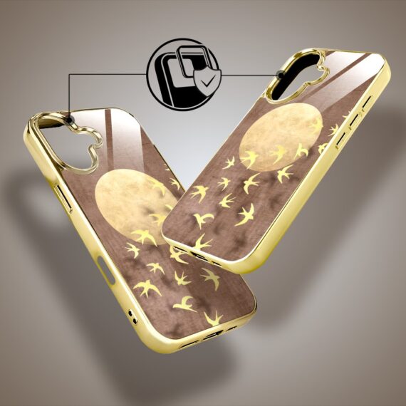 Etui do iPhone 16, Elite Glass z MagSafe, szklany tył, Zwierzęta, Taniec jaskółek, złote (5)